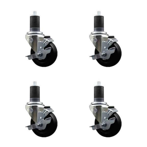 3.5'' Soft Rubber Swivel 1-5/8'' Expanding Stem Caster Set with Brake, 4PK